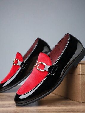 Men's Red Suede & Black Patent Slip-On Loafers with Gold Bit